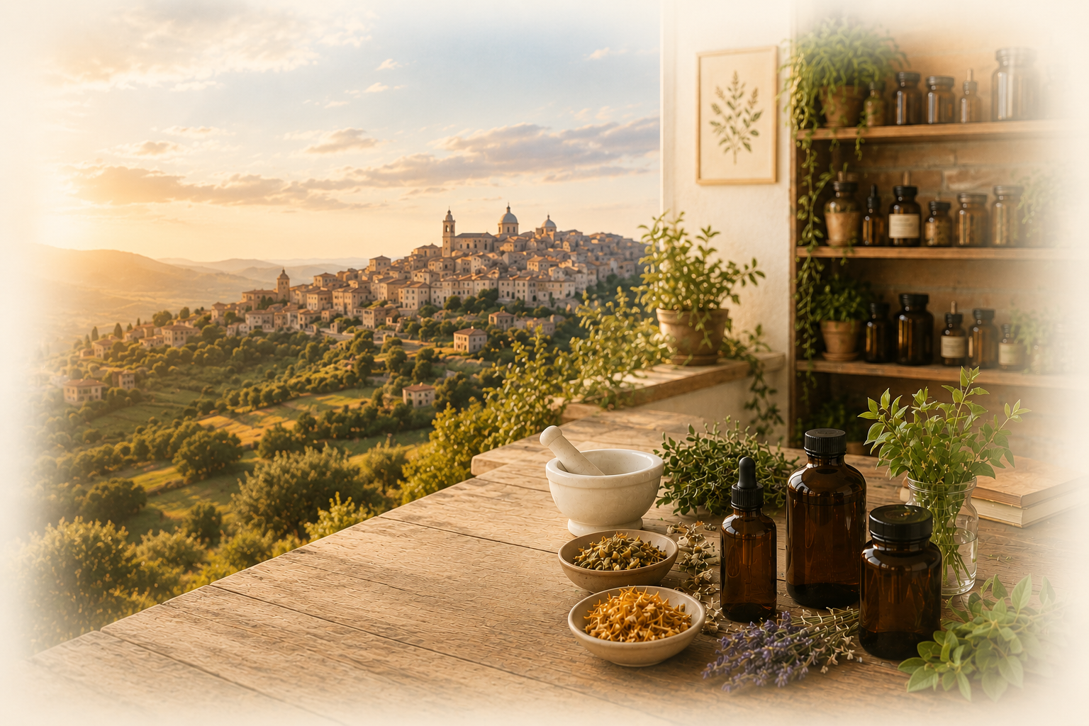 Erbe officinali e tradizione fitoterapica siciliana, con vista sulle colline di Caltanissetta