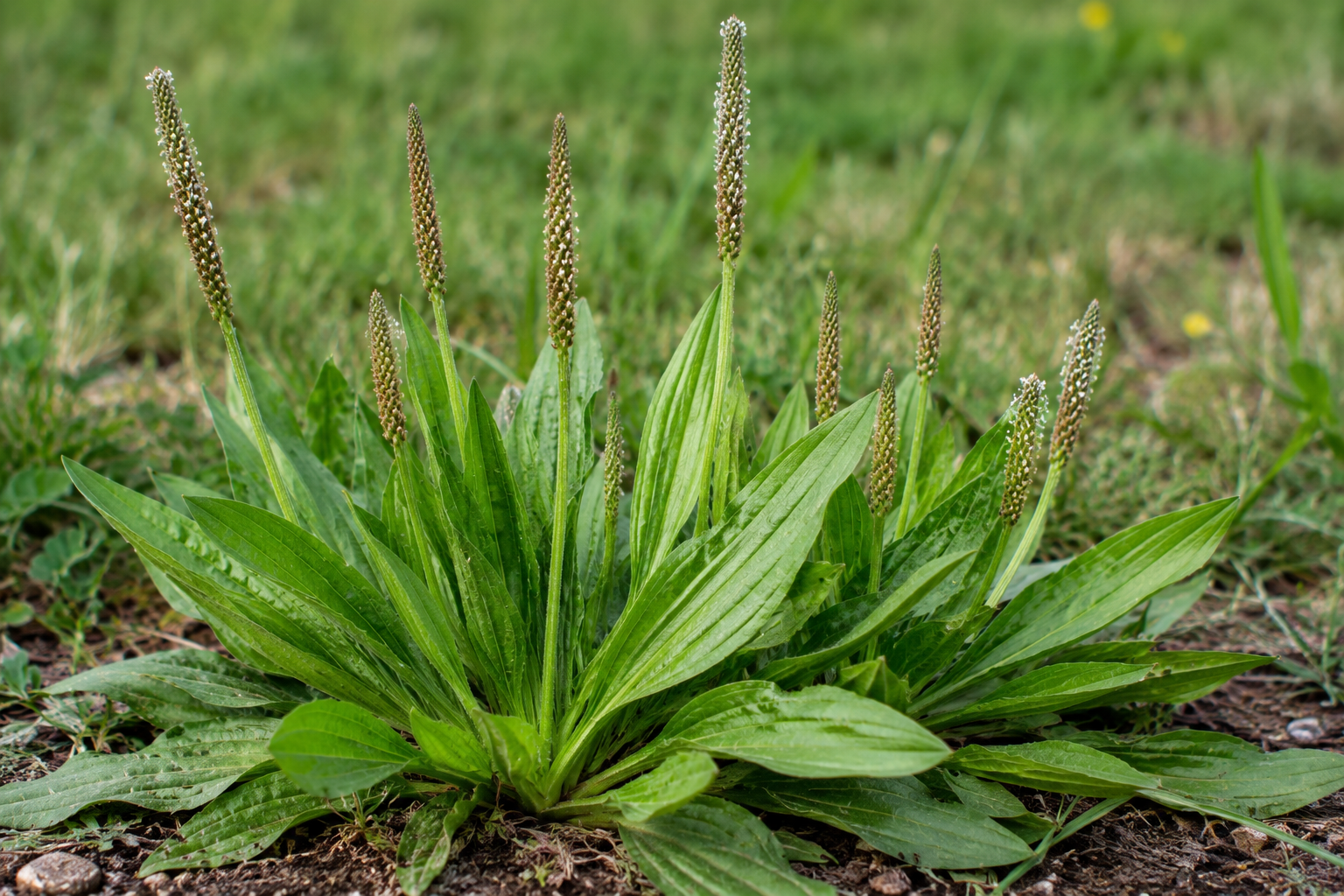 Piantaggine lanceolata — pianta con foglie lanceolate e spighe